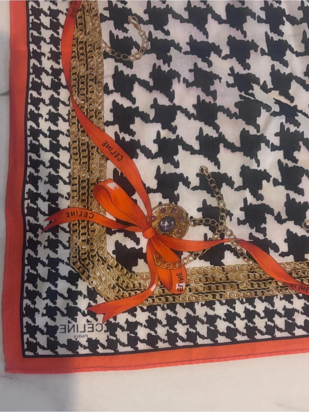 Celine Black, White & Orange Houndstooth cotton handkerchief with Chain Motif